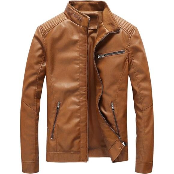 Leather Jacket Men Black Slim Brown